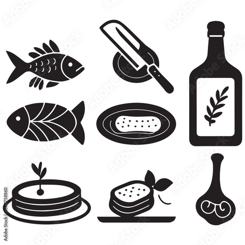 Collection of stylized black icons representing food and drink items on a white background