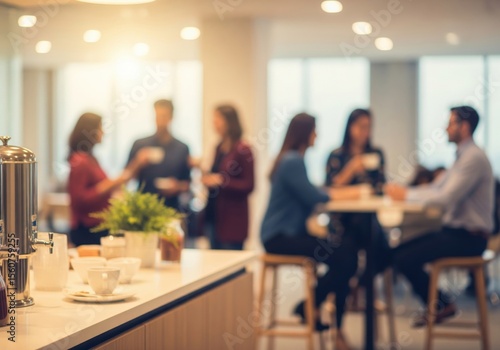 Workplace Social Connection. Abstract view of colleagues engaging in lively discussions. This image symbolizes modern office collaboration and fosters a sense of community.