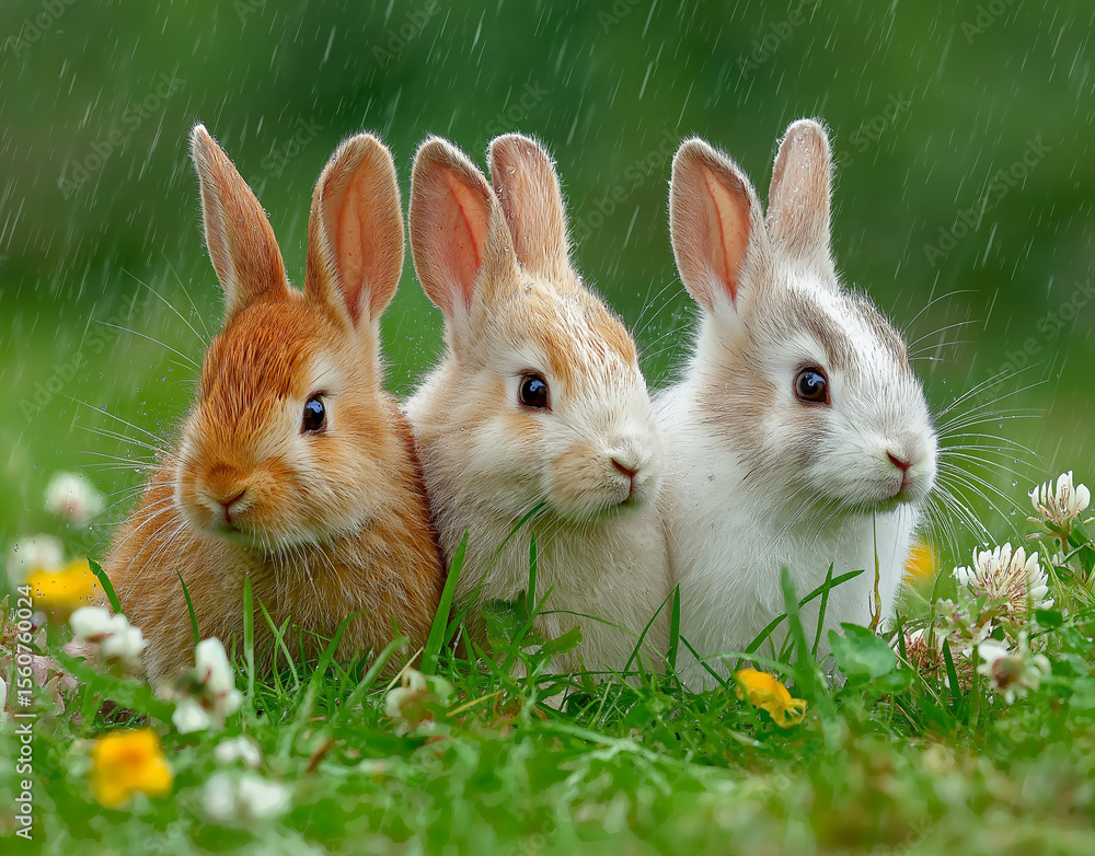Fototapeta premium three cute rabbits sitting on the grass, with green meadows and flowers 