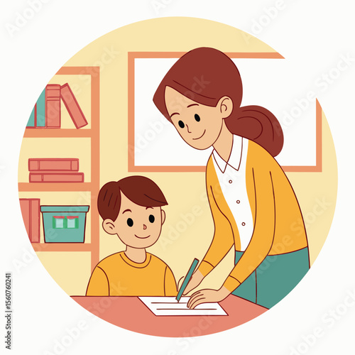A friendly teacher helps a young student with their schoolwork in a bright classroom setting