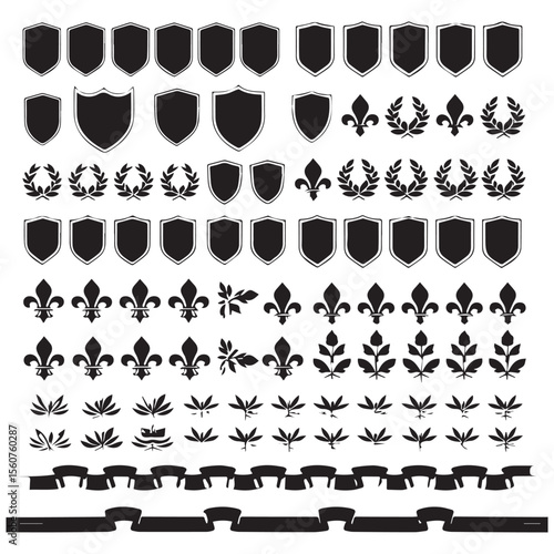 Collection of black heraldic shields laurel wreaths fleur de lis and decorative elements