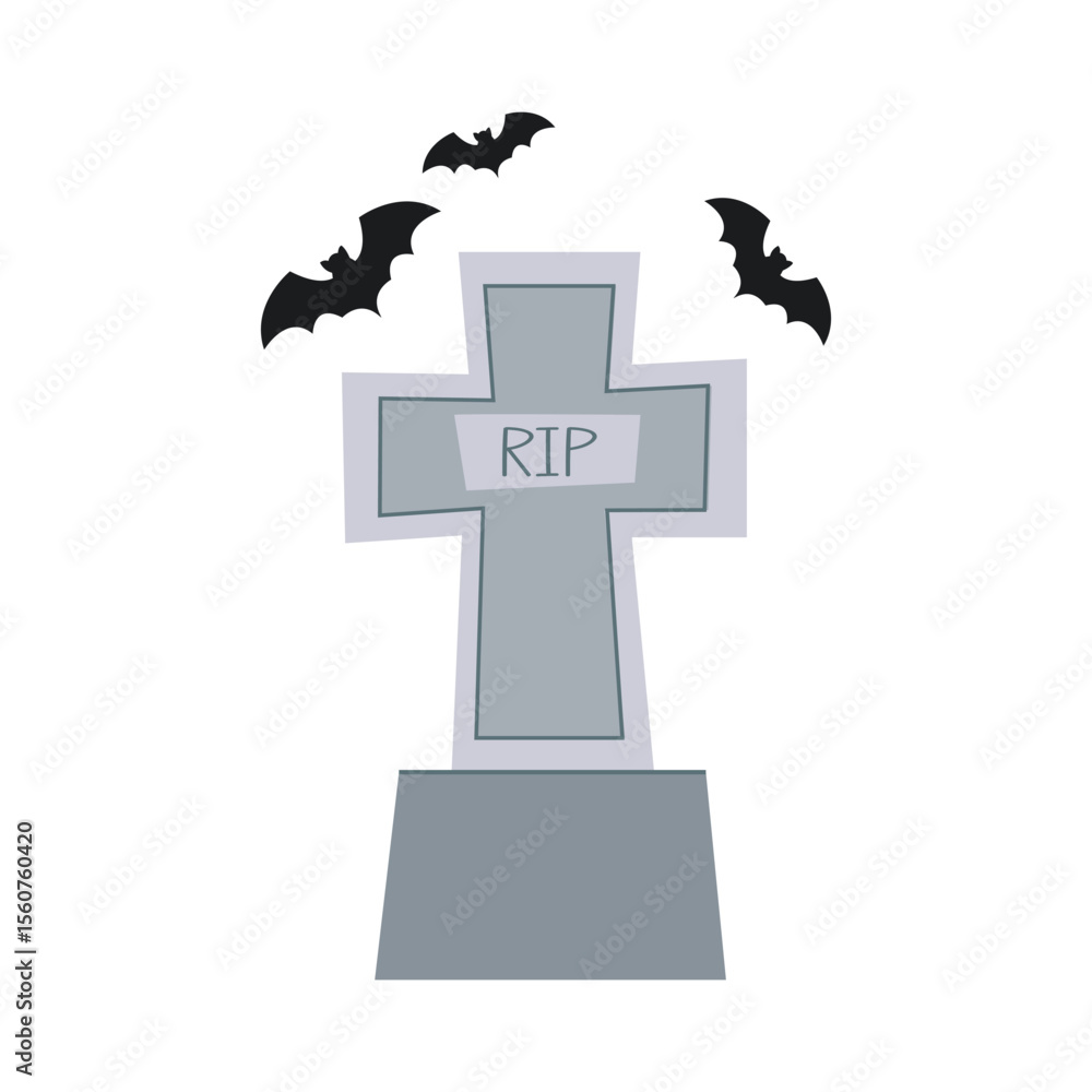 Obraz premium A cute illustration of a tombstone in a shape of a cross with bats flying above it. Perfect for Halloween themed designs, spooky posters, invitations and seasonal decorations