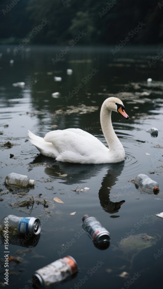 Fototapeta premium White swan swims in a polluted lake with discarded plastic and metal cans, highlighting environmental concerns and the impact of pollution on wildlife and natural habitats .