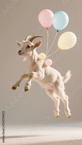 A charming white goat gracefully soars through the air, buoyed by a vibrant bunch of pastel-colored balloons, evoking whimsy and joy