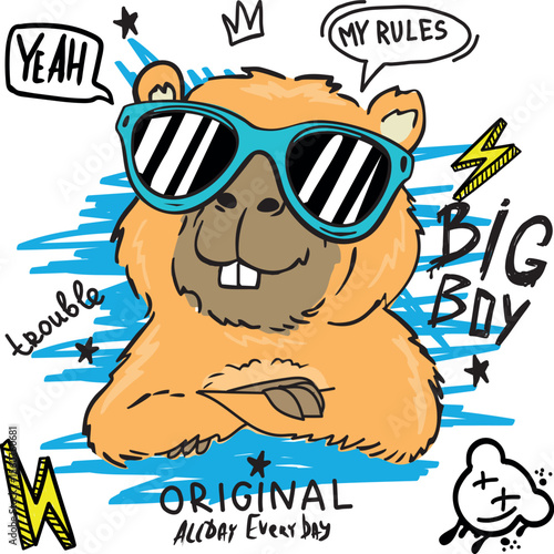  typography boys print with cool capybara in glasses