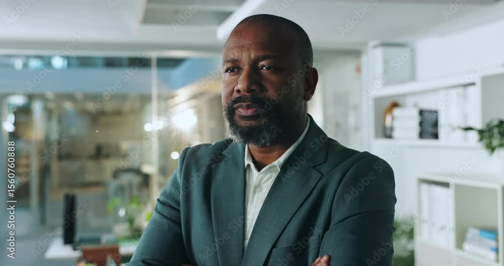 Thinking, entrepreneur and man with arms crossed, office and ideas for business growth or ambitious. Serious, investor and mature black person with plan for investment, reflection and opportunity Thinking, entrepreneur and man with arms crossed, office and ideas for business growth or ambitious. Serious, investor and mature black person with plan for investment, reflection and opportunity