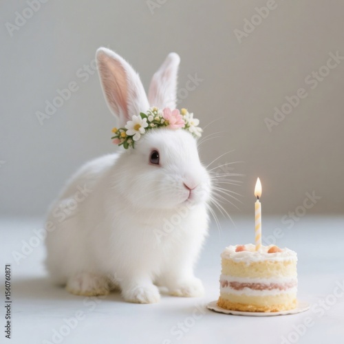 A serene portrait of a white rabbit with a flower crown sitting next to a birthday cake with a lit candle, creating a charming and festive scene