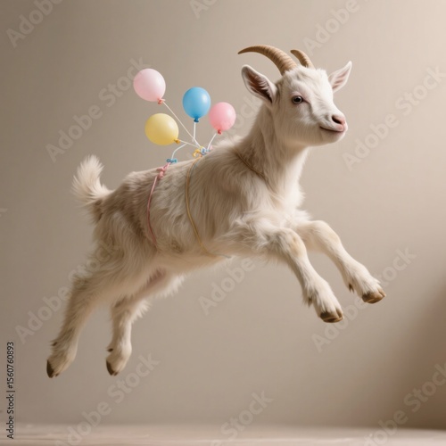 A charming white goat leaps joyfully through the air, buoyed by a whimsical cluster of pink, blue, and yellow balloons tied to its back, creating a lighthearted and enchanting scene .