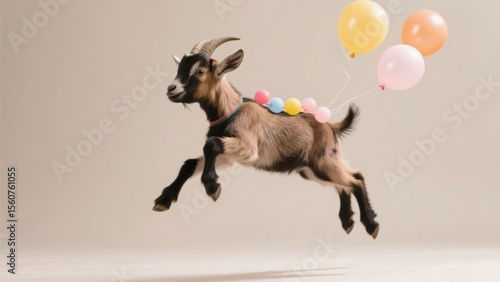 A whimsical depiction of a goat in mid-air, adorned with pastel balloons, evoking a sense of joy and celebration .