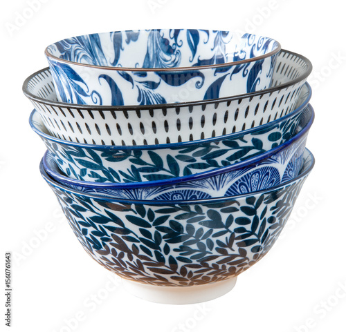 Stack of white and blue china tea cups on a transparent isolated background