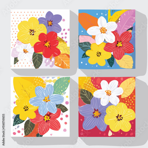 Colorful floral arrangements displayed in four square panels featuring a variety of flowers and decorative leaf elements
