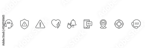 Emergency line icon set. Containing ambulance, lifebuoy, first aid, police, medical, emergency exit, hospital and SOS icons. Line icon collection. SOS icon. Vector illustration.