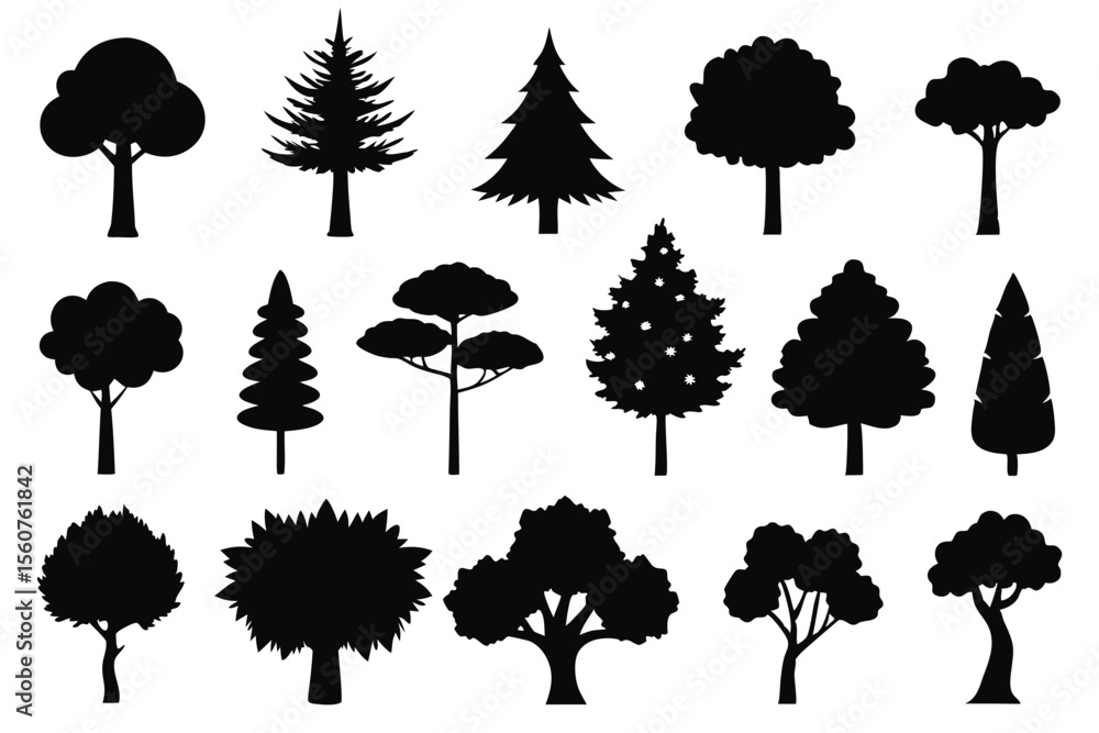 Fototapeta premium Collection of black silhouettes various tree types