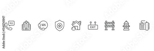 Emergency line icon set. Containing ambulance, lifebuoy, first aid, police, medical, emergency exit, hospital and SOS icons. Line icon collection. SOS icon. Vector illustration.