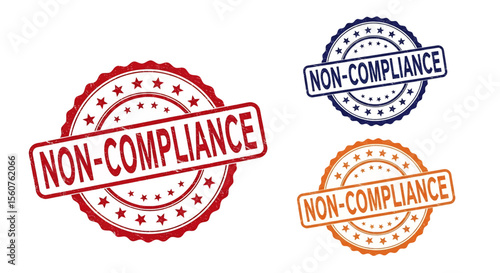 
Adobe Illustrator set of stamp vector flat style illustration of "NON-COMPLIANCE" rubber stamps in red, blue, and orange, featuring grunge textures and star accents, ideal for regulatory warnings