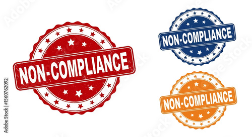 
Adobe Illustrator set of stamp vector flat style illustration of "NON-COMPLIANCE" rubber stamps in red, blue, and orange, featuring grunge textures and star accents, ideal for regulatory warnings