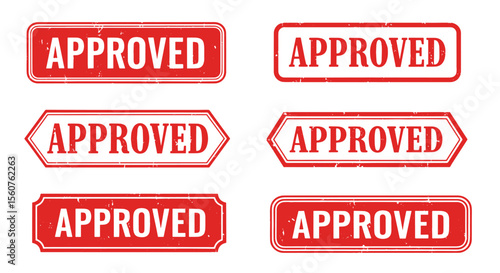 Adobe Illustrator set of stamp vector flat style illustration of APPROVED rubber stamps in red, featuring various grunge textures and shapes like rectangles and banners, perfect for official document