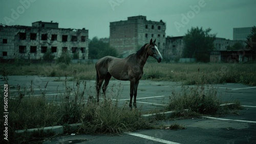 A majestic horse stands amidst overgrown parking lot in an abandoned urban landscape, with derelict buildings silhouetted against a somber sky, evoking a sense of desolation .