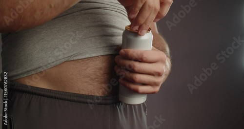 Modern Adult man in sweatpants and a T-shirt with a bare hairy beer belly opens a metal can with a drink. Close-up on the stomach and hands
