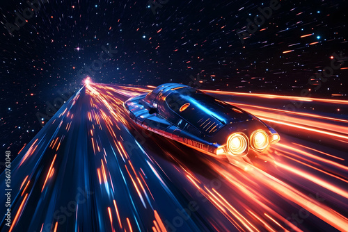 Fototapeta Naklejka Na Ścianę i Meble -  Futuristic spacecraft zooming through starry galaxy with light trails
