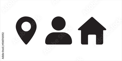 A minimalist black silhouette of a location icon and home icon. 