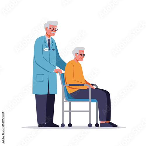 Elderly man in hospital sitting in wheelchair with doctor assisting  