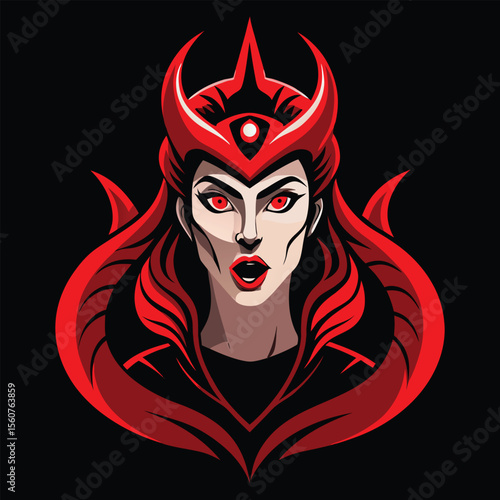 Scarlet sorceress with red eyes and horns gothic fantasy