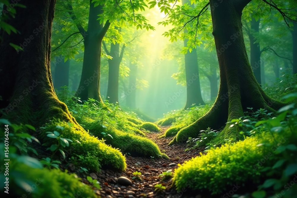 Fototapeta premium Sun-Dappled Forest Floor Tranquil Green Scene, Mossy Undergrowth, Vibrant Nature Photography Ideal for Travel and Environmental Projects