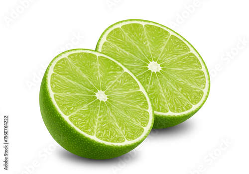 Two Halved Fresh Green Limes on White Background