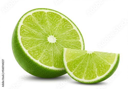 Fresh Green Lime Half and Wedge on White Background