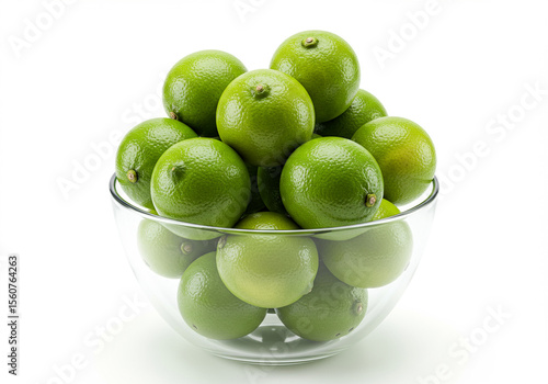 Clear Glass Bowl Abundant with Fresh Green Limes on White Background