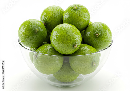 Clear Glass Bowl Filled with Fresh Green Limes on White Background