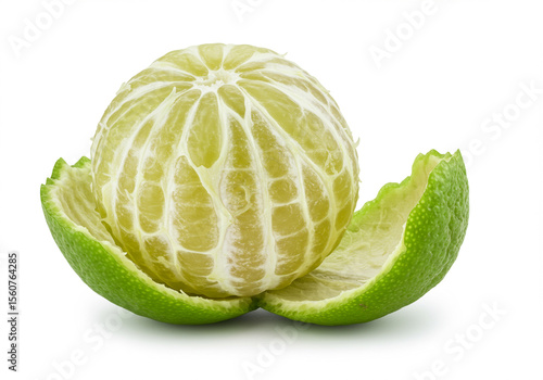 Partially Peeled Fresh Green Lime on White Background