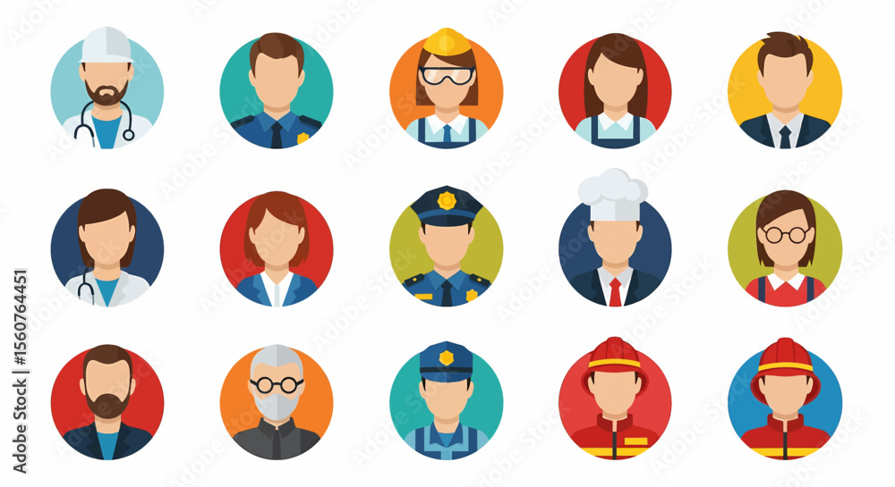 Adobe Illustrator set of avatar vector flat style illustration of diverse people in various professional uniforms, representing different occupations and essential services Adobe Illustrator set of avatar vector flat style illustration of diverse people in various professional uniforms, representing different occupations and essential services
