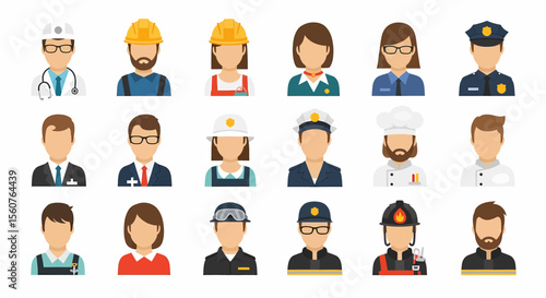 Adobe Illustrator set of avatar vector flat style illustration of diverse people in various professional uniforms, representing different occupations and essential services