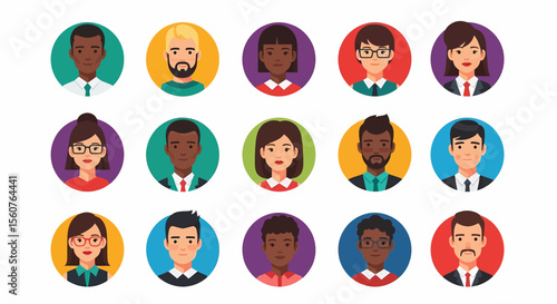 Adobe Illustrator set of avatar vector flat style illustration of diverse business people, showcasing various ethnicities, genders, and professional styles, ideal for corporate and social designs