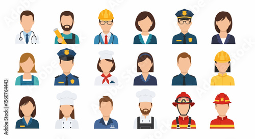 Adobe Illustrator set of avatar vector flat style illustration of diverse people in various professional uniforms, representing different occupations and essential services
