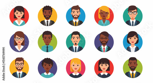 Adobe Illustrator set of avatar vector flat style illustration of diverse business people, showcasing various ethnicities, genders, and professional styles, ideal for corporate and social designs