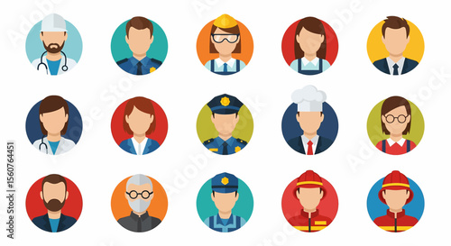 Adobe Illustrator set of avatar vector flat style illustration of diverse people in various professional uniforms, representing different occupations and essential services