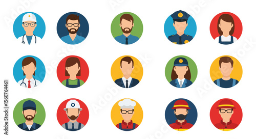 Adobe Illustrator set of avatar vector flat style illustration of diverse people in various professional uniforms, representing different occupations and essential services