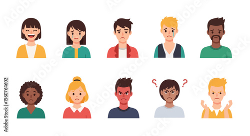 Adobe Illustrator set of avatar vector flat style illustration of diverse men and women's faces, showcasing various emotions and expressions, perfect for user interfaces and communication