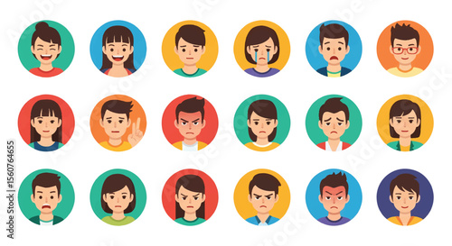 Adobe Illustrator set of avatar vector flat style illustration of diverse facial expressions, showcasing a range of emotions from happy to confused, ideal for communication designs
