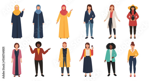 Adobe Illustrator set of avatar vector flat style illustration of diverse women in various outfits, showcasing different cultures and professions, ideal for inclusive design projects