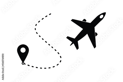 Airplane flight path with location marker route travel
