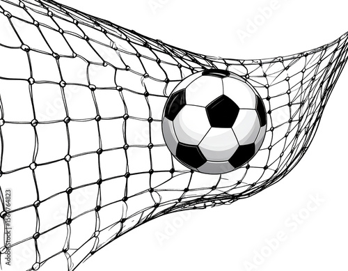  Illustrativer Torschuss – Fußball halb im Tornetz, digitaler Zeichenstil, transparent PNG