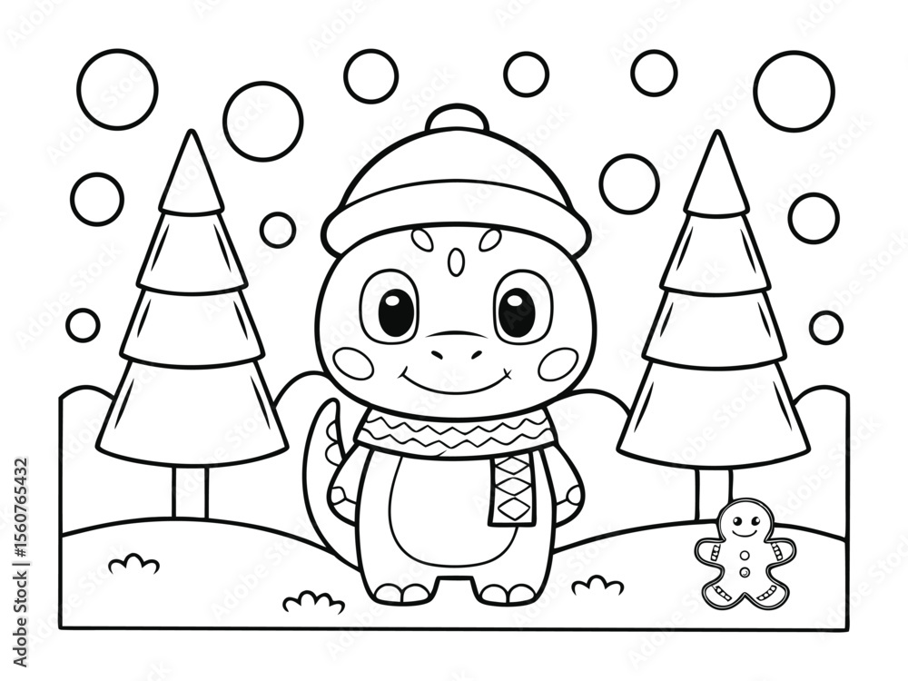 Fototapeta premium Christmas candy cane coloring page. cute dinosaur in winter