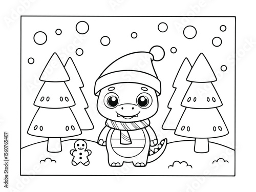Christmas candy cane coloring page. cute dinosaur in winter