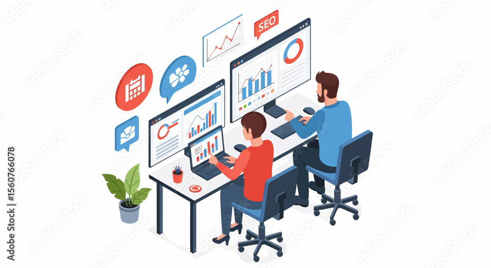 Obraz premium Adobe Illustrator vector flat style illustration of an isometric SEO and digital marketing team analyzing data, optimizing websites, and improving online presence for business growth