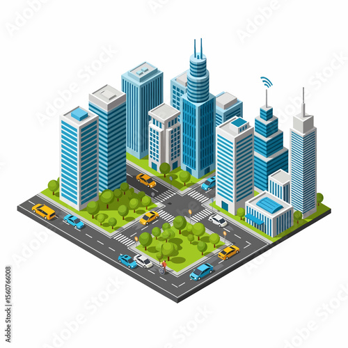 Adobe Illustrator vector flat style illustration of an isometric smart city block featuring modern buildings, roads with vehicles, trees, and wireless connectivity symbols