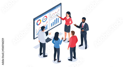 Adobe Illustrator vector flat style illustration of an isometric business presentation scene with speakers presenting data charts to an audience in a meeting room